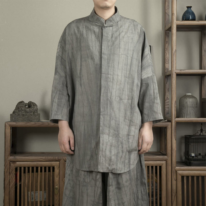 Camicia casual da uomo con bottoni a rana, grigio Buddha Stones Zen Clothing