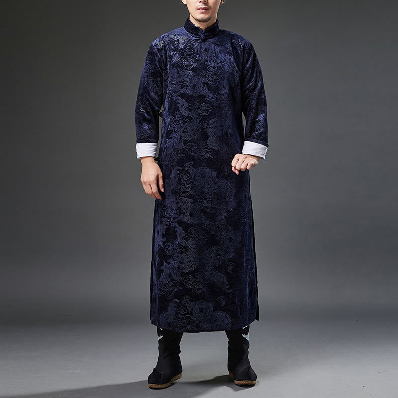 Buddha Stones Vintage Autunno Inverno Cinese Rana-Bottone Tang Suit Uomo Drago Jacquard Vestaglia Con Tasche