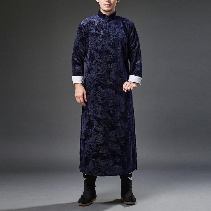 Buddha Stones Vintage Autunno Inverno Cinese Rana-Bottone Tang Suit Uomo Drago Jacquard Vestaglia Con Tasche