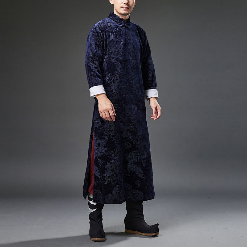 Buddha Stones Vintage Autunno Inverno Cinese Rana-Bottone Tang Suit Uomo Drago Jacquard Vestaglia Con Tasche