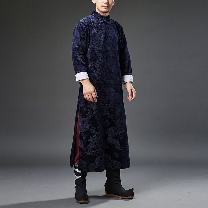 Buddha Stones Vintage Autunno Inverno Cinese Rana-Bottone Tang Suit Uomo Drago Jacquard Vestaglia Con Tasche