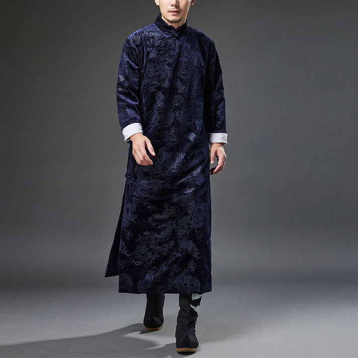 Buddha Stones Vintage Autunno Inverno Cinese Rana-Bottone Tang Suit Uomo Drago Jacquard Vestaglia Con Tasche