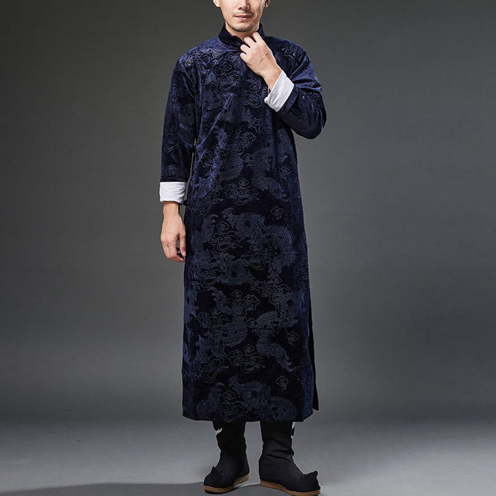 Buddha Stones Vintage Autunno Inverno Cinese Rana-Bottone Tang Suit Uomo Drago Jacquard Vestaglia Con Tasche