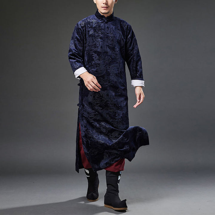 Buddha Stones Vintage Autunno Inverno Cinese Rana-Bottone Tang Suit Uomo Drago Jacquard Vestaglia Con Tasche