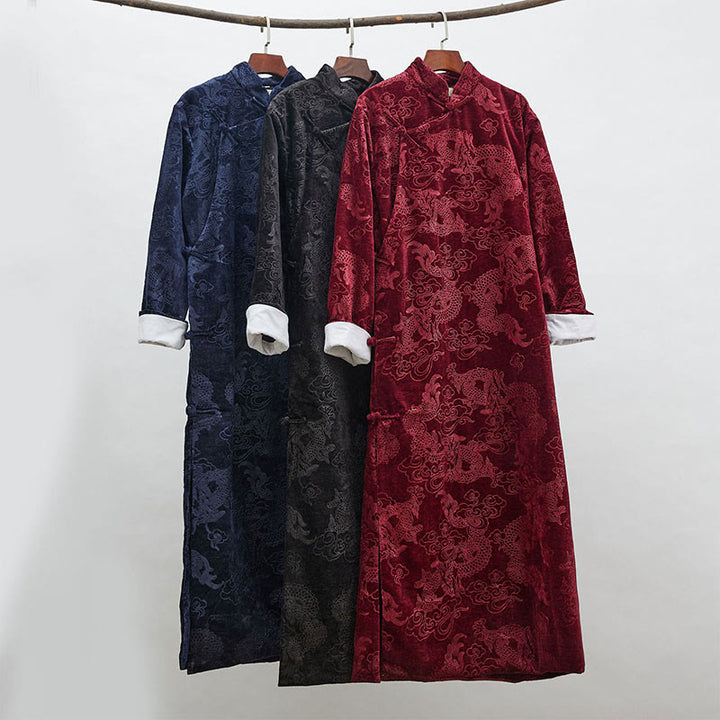 Buddha Stones Vintage Autunno Inverno Cinese Rana-Bottone Tang Suit Uomo Drago Jacquard Vestaglia Con Tasche - image 1