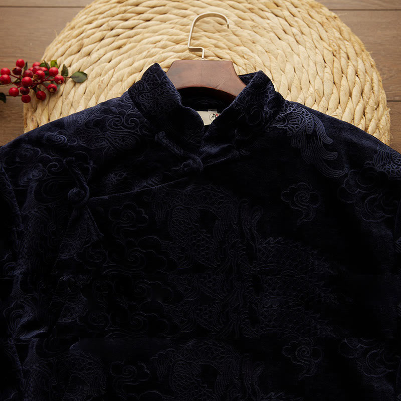 Buddha Stones Vintage Autunno Inverno Cinese Rana-Bottone Tang Suit Uomo Drago Jacquard Vestaglia Con Tasche - image 9