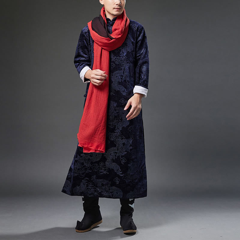 Buddha Stones Vintage Autunno Inverno Cinese Rana-Bottone Tang Suit Uomo Drago Jacquard Vestaglia Con Tasche
