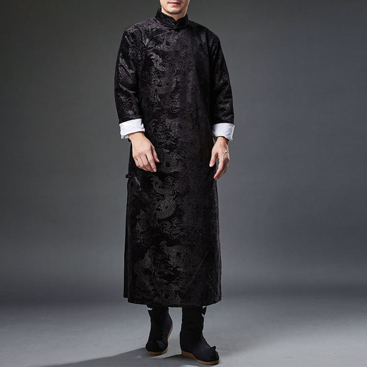 Buddha Stones Vintage Autunno Inverno Cinese Rana-Bottone Tang Suit Uomo Drago Jacquard Vestaglia Con Tasche