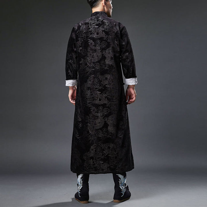 Buddha Stones Vintage Autunno Inverno Cinese Rana-Bottone Tang Suit Uomo Drago Jacquard Vestaglia Con Tasche