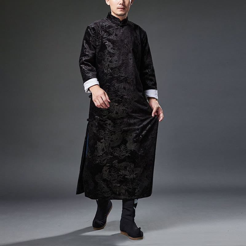 Buddha Stones Vintage Autunno Inverno Cinese Rana-Bottone Tang Suit Uomo Drago Jacquard Vestaglia Con Tasche