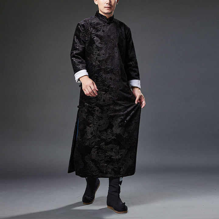 Buddha Stones Vintage Autunno Inverno Cinese Rana-Bottone Tang Suit Uomo Drago Jacquard Vestaglia Con Tasche