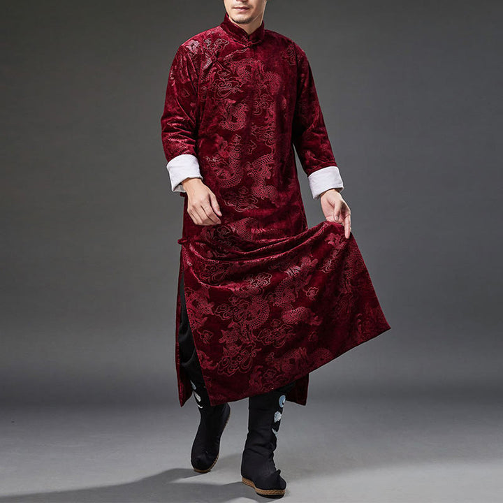 Buddha Stones Vintage Autunno Inverno Cinese Rana-Bottone Tang Suit Uomo Drago Jacquard Vestaglia Con Tasche