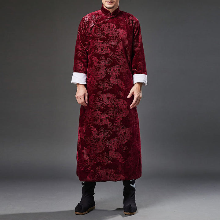 Buddha Stones Vintage Autunno Inverno Cinese Rana-Bottone Tang Suit Uomo Drago Jacquard Vestaglia Con Tasche