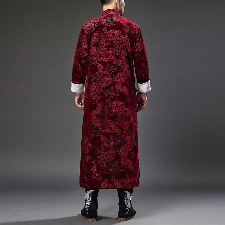 Buddha Stones Vintage Autunno Inverno Cinese Rana-Bottone Tang Suit Uomo Drago Jacquard Vestaglia Con Tasche