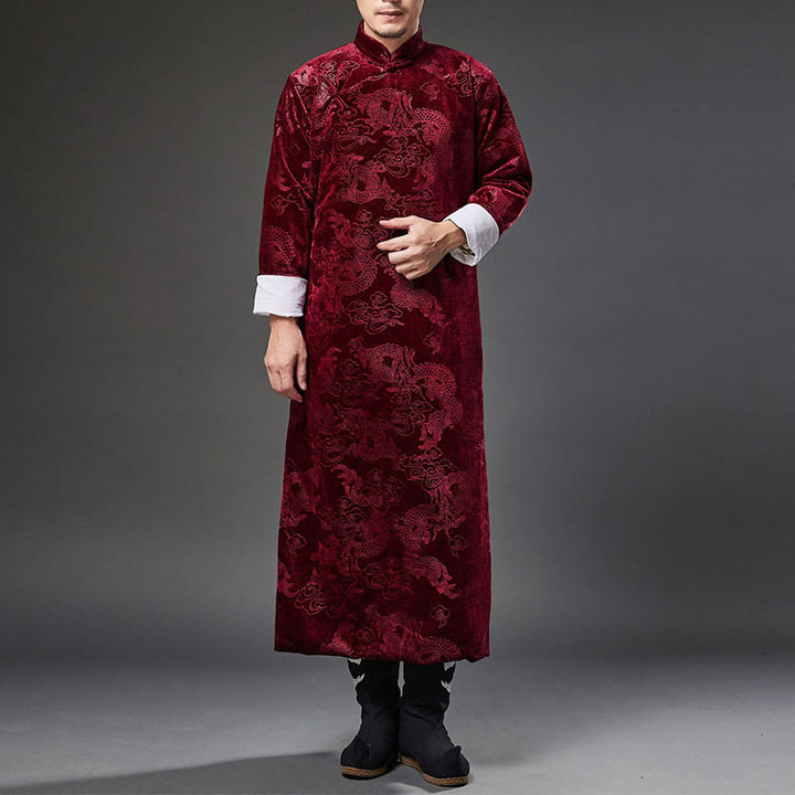 Buddha Stones Vintage Autunno Inverno Cinese Rana-Bottone Tang Suit Uomo Drago Jacquard Vestaglia Con Tasche