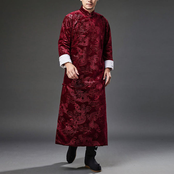 Buddha Stones Vintage Autunno Inverno Cinese Rana-Bottone Tang Suit Uomo Drago Jacquard Vestaglia Con Tasche