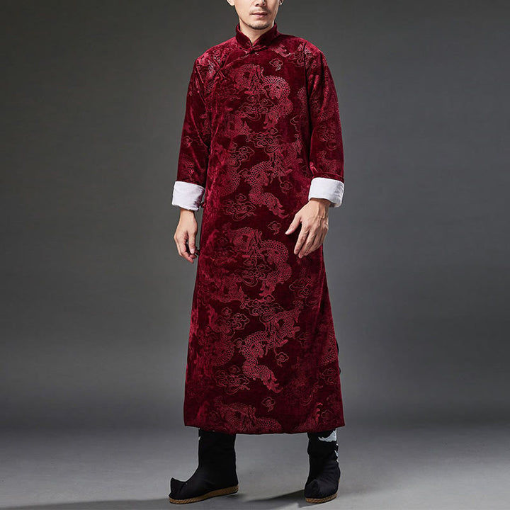 Buddha Stones Vintage Autunno Inverno Cinese Rana-Bottone Tang Suit Uomo Drago Jacquard Vestaglia Con Tasche