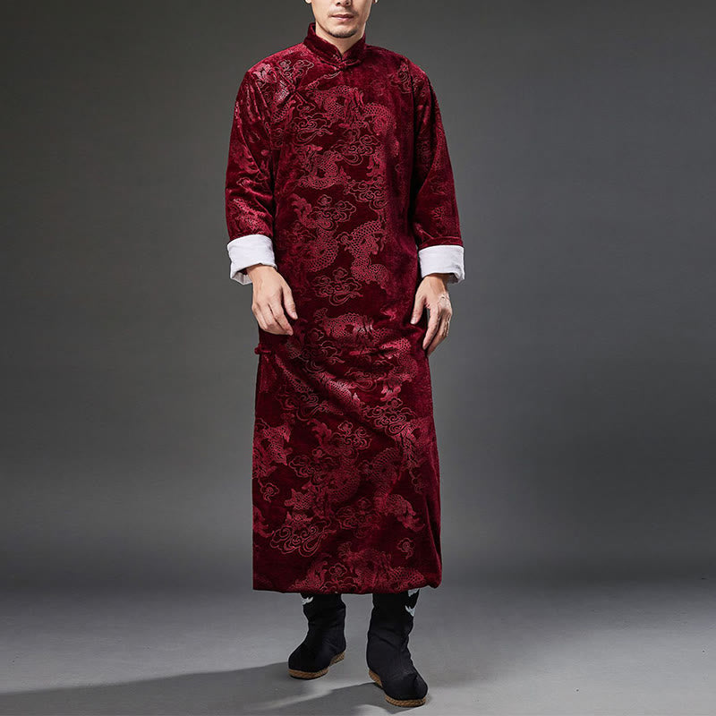 Buddha Stones Vintage Autunno Inverno Cinese Rana-Bottone Tang Suit Uomo Drago Jacquard Vestaglia Con Tasche