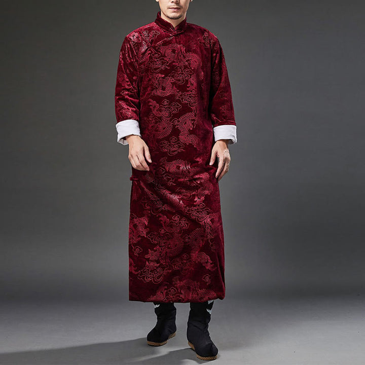 Buddha Stones Vintage Autunno Inverno Cinese Rana-Bottone Tang Suit Uomo Drago Jacquard Vestaglia Con Tasche
