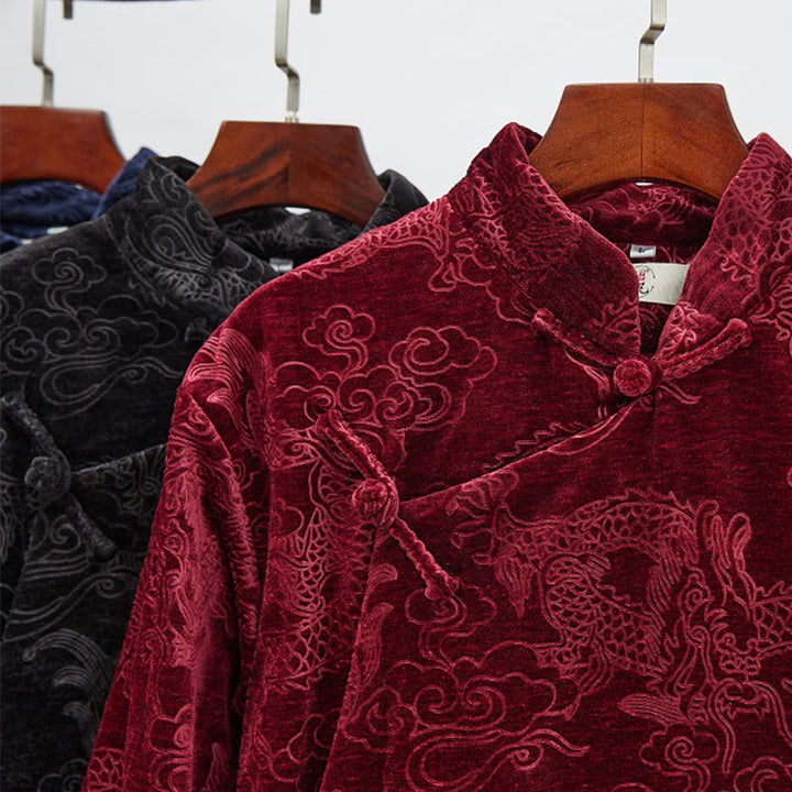 Buddha Stones Vintage Autunno Inverno Cinese Rana-Bottone Tang Suit Uomo Drago Jacquard Vestaglia Con Tasche