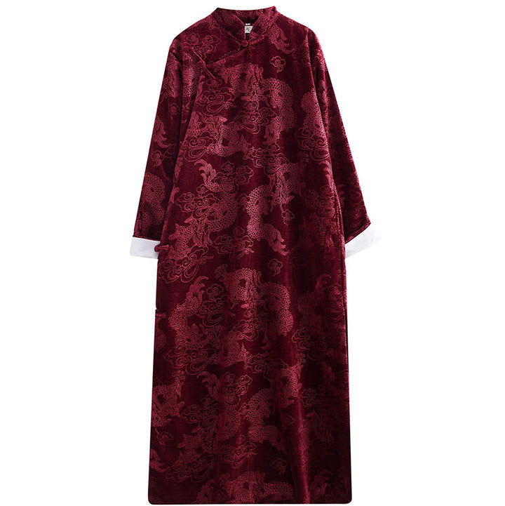 Buddha Stones Vintage Autunno Inverno Cinese Rana-Bottone Tang Suit Uomo Drago Jacquard Vestaglia Con Tasche