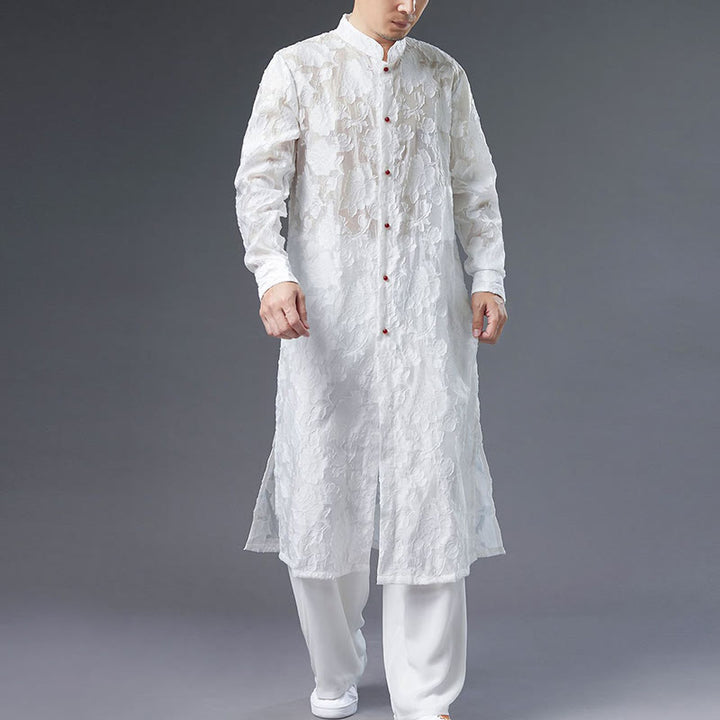 Cappotto da uomo in cotone con bottoni, motivo Buddha Stones Fall Peony Flowers Tang Suit Robe
