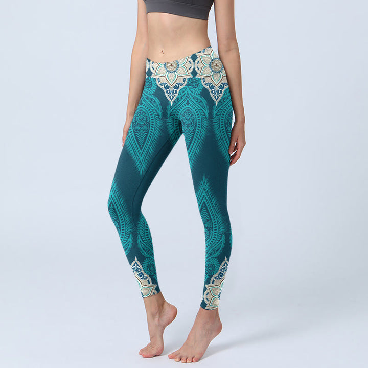 Leggings da palestra con stampa di fiori e piume verdi Buddha Stones, pantaloni da yoga da donna - CadetBlue - US18, UK/AU22, EU50 (4XL) - image 0
