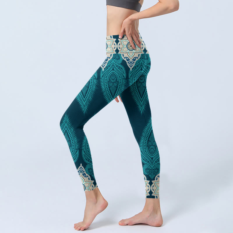 Leggings da palestra con stampa di fiori e piume verdi Buddha Stones, pantaloni da yoga da donna - image 3