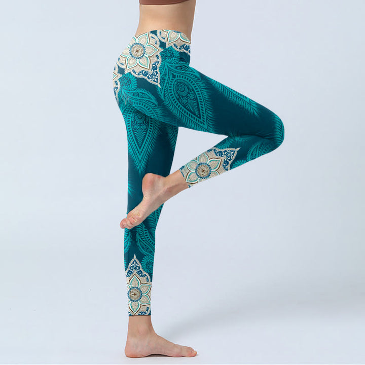 Leggings da palestra con stampa di fiori e piume verdi Buddha Stones, pantaloni da yoga da donna - image 3