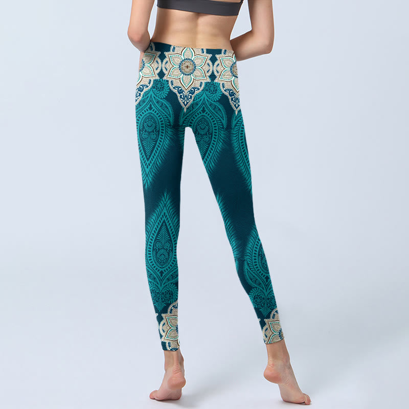 Leggings da palestra con stampa di fiori e piume verdi Buddha Stones, pantaloni da yoga da donna - image 6