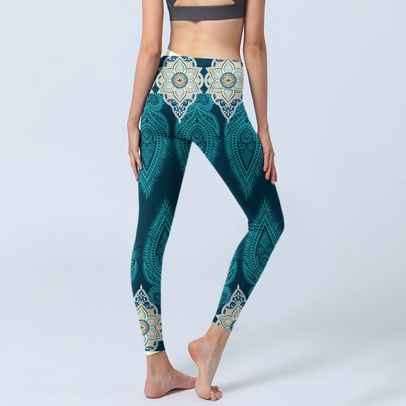 Leggings da palestra con stampa di fiori e piume verdi Buddha Stones, pantaloni da yoga da donna - image 4