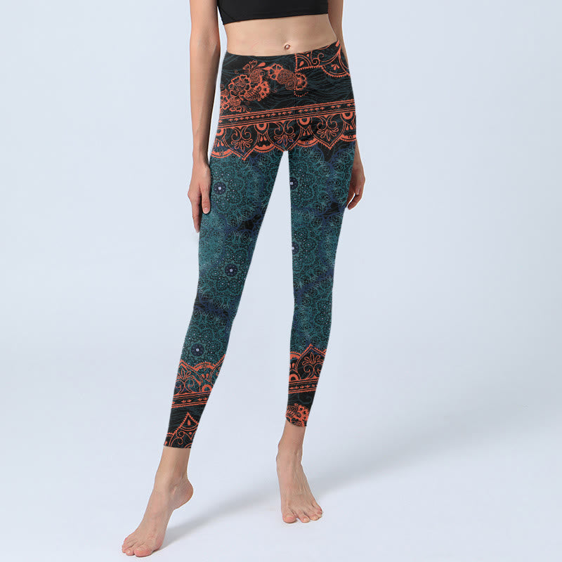 Leggings da palestra con stampa di fiori e mandala verde Buddha Stones, pantaloni da yoga da donna - image 5