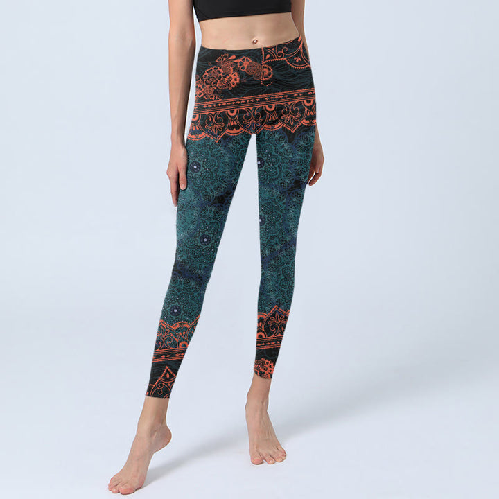 Leggings da palestra con stampa di fiori e mandala verde Buddha Stones, pantaloni da yoga da donna - image 5