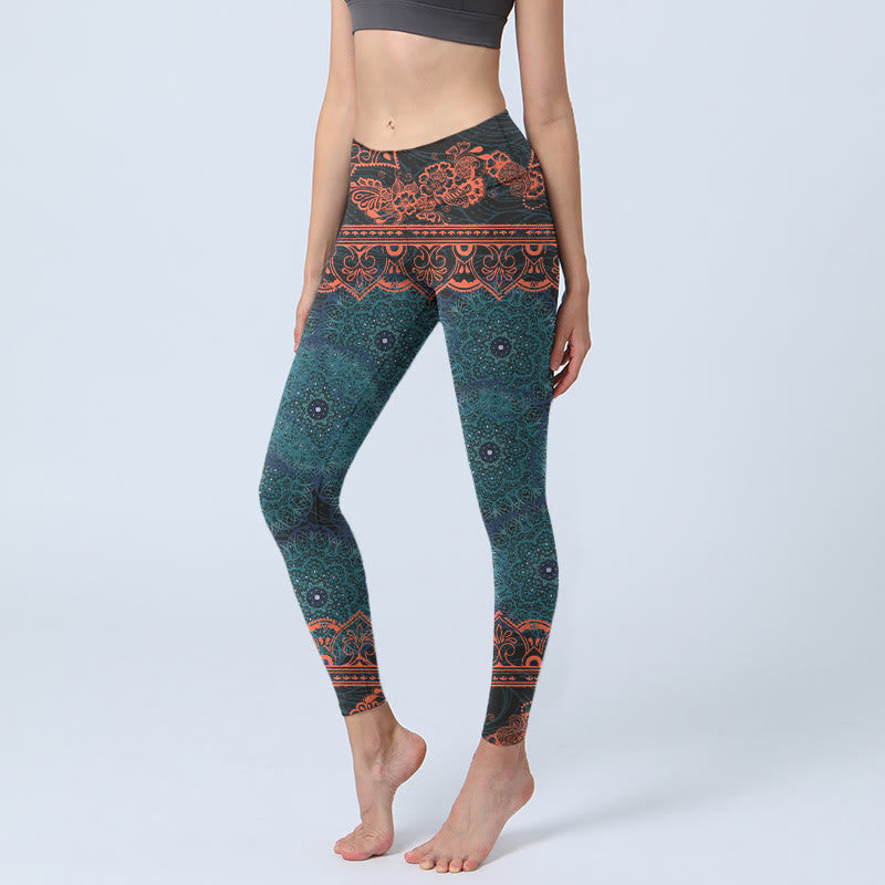 Leggings da palestra con stampa di fiori e mandala verde Buddha Stones, pantaloni da yoga da donna - CadetBlue - US18, UK/AU22, EU50 (4XL) - image 0