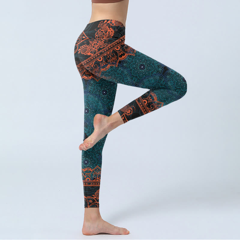 Leggings da palestra con stampa di fiori e mandala verde Buddha Stones, pantaloni da yoga da donna - image 3