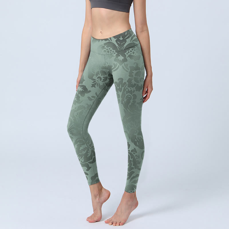 Leggings da palestra con stampa di foglie di fiori casual Buddha Stones da donna, pantaloni da yoga - DarkSeaGreen - US18, UK/AU22, EU50 (4XL) - image 0