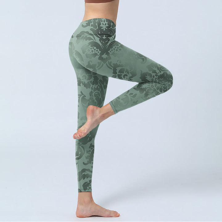 Leggings da palestra con stampa di foglie di fiori casual Buddha Stones da donna, pantaloni da yoga - image 3