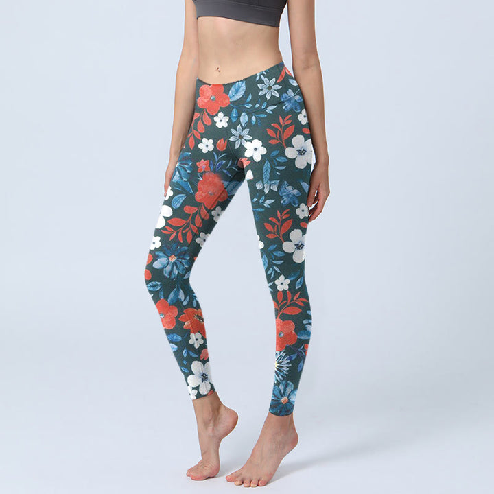 Leggings da palestra fitness con stampa Buddha Stones, fiori bianchi e rossi, pantaloni da yoga da donna - SteelBlue - US18, UK/AU22, EU50 (4XL) - image 0