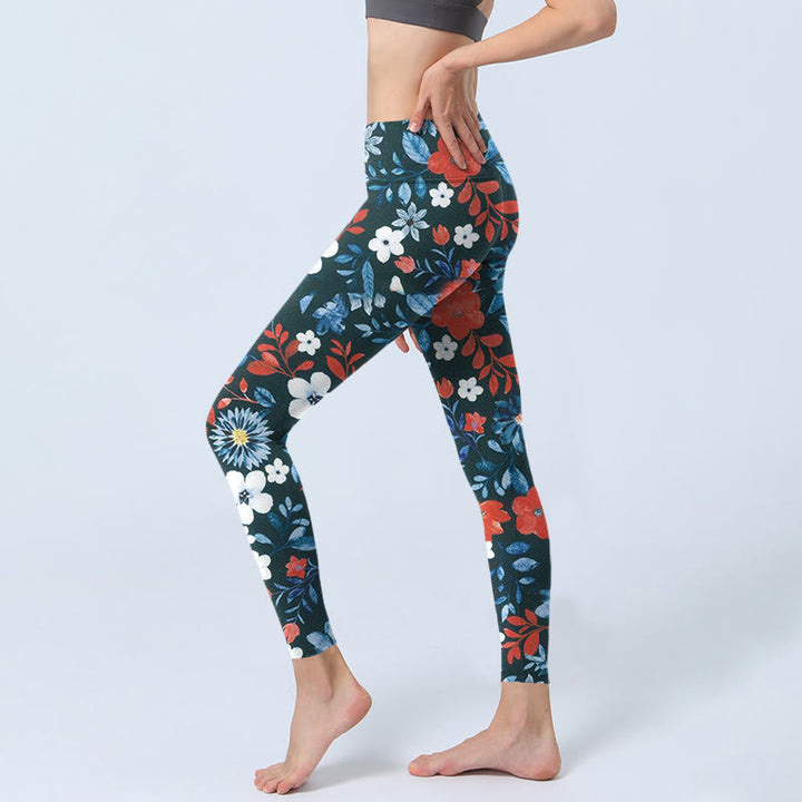 Leggings da palestra fitness con stampa Buddha Stones, fiori bianchi e rossi, pantaloni da yoga da donna - image 3