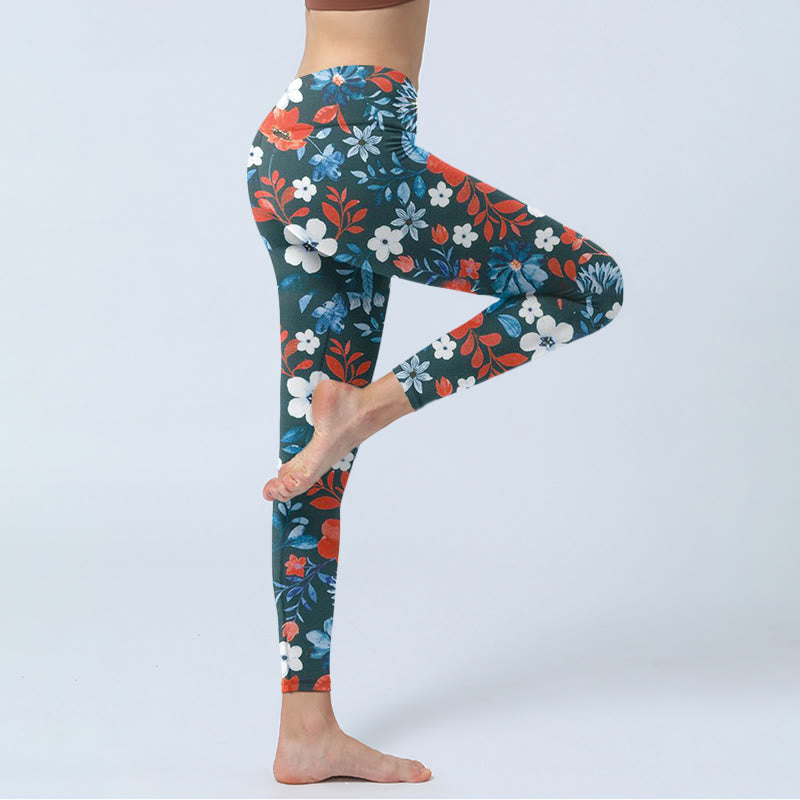 Leggings da palestra fitness con stampa Buddha Stones, fiori bianchi e rossi, pantaloni da yoga da donna - image 3