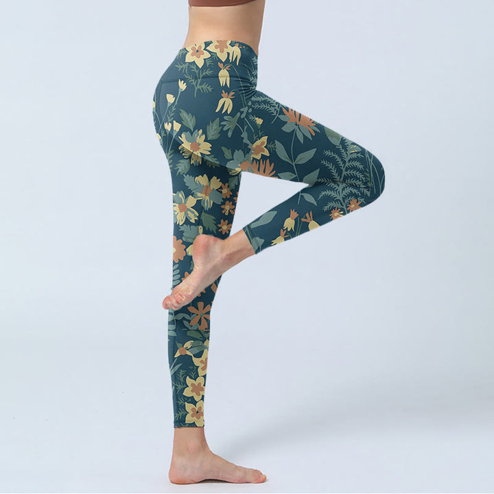 Buddha Stones Casual Daisy Flowers Leaves Stampa Leggings da palestra Fitness Pantaloni da yoga da donna - image 3
