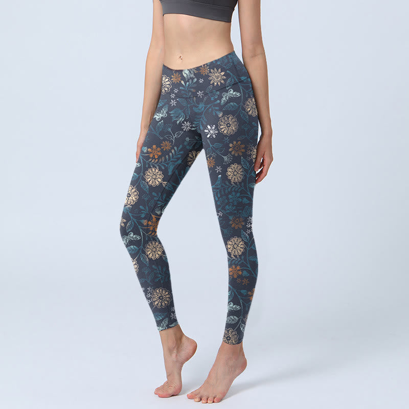 Buddha Stones New York Aster Flowers Leaves Stampa Leggings da palestra Fitness Pantaloni da yoga da donna - SteelBlue - US18, UK/AU22, EU50 (4XL) - image 0