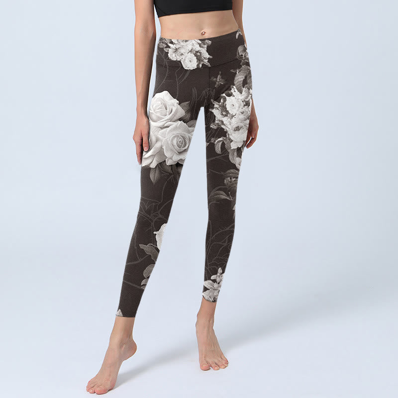 Buddha Stones da palestra fitness con stampa di rose bianche e grigie, pantaloni da yoga da donna - image 6