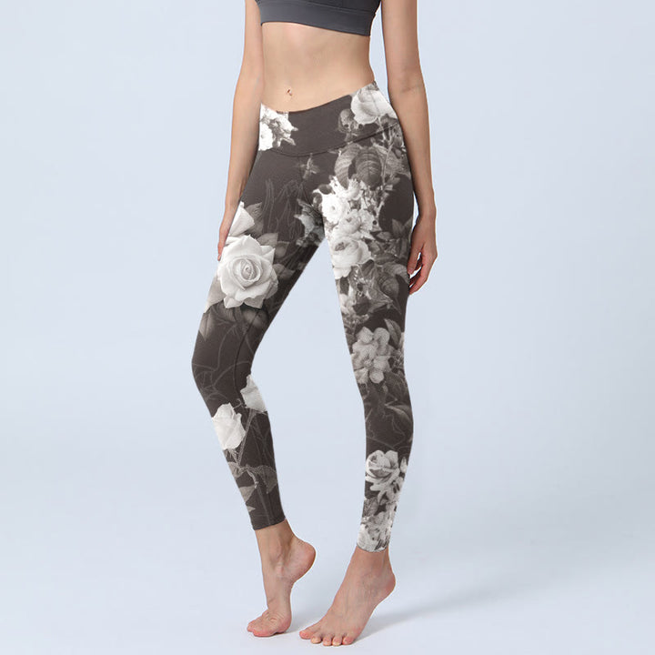 Buddha Stones da palestra fitness con stampa di rose bianche e grigie, pantaloni da yoga da donna - Grigio - US18, UK/AU22, EU50 (4XL) - image 0