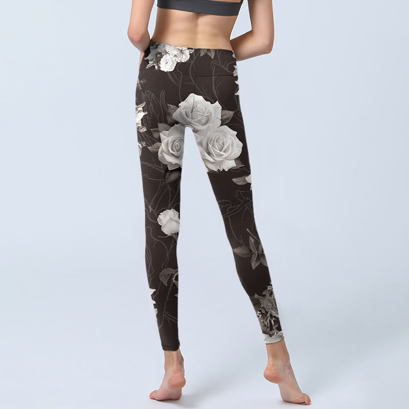 Buddha Stones da palestra fitness con stampa di rose bianche e grigie, pantaloni da yoga da donna - image 7