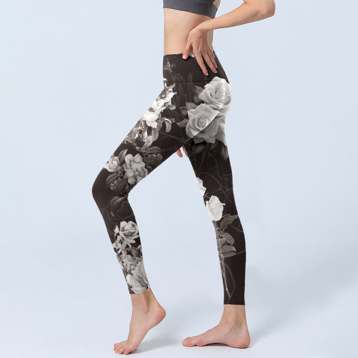 Buddha Stones da palestra fitness con stampa di rose bianche e grigie, pantaloni da yoga da donna - image 3