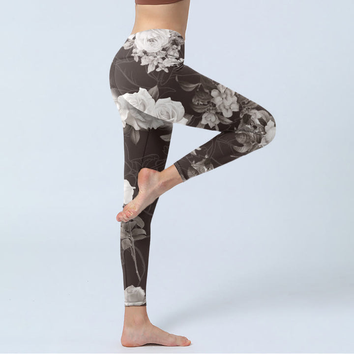 Buddha Stones da palestra fitness con stampa di rose bianche e grigie, pantaloni da yoga da donna - image 4