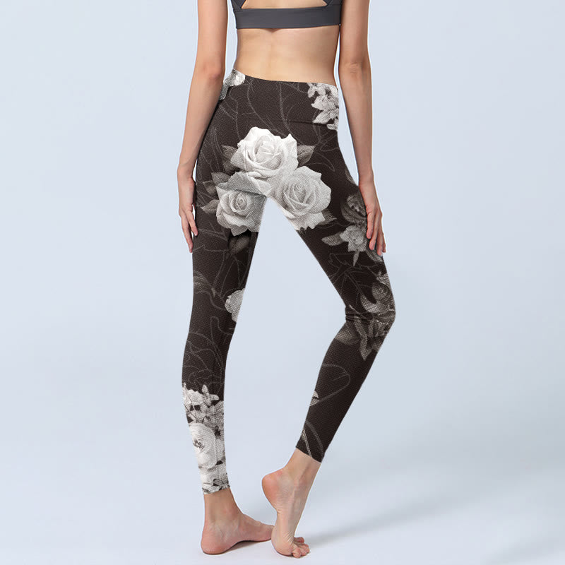 Buddha Stones da palestra fitness con stampa di rose bianche e grigie, pantaloni da yoga da donna - image 5