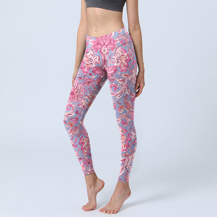 Leggings da palestra con stampa di fiori rosa Buddha Stones, pantaloni da yoga da donna - Rosa acceso - US18, UK/AU22, EU50 (4XL) - image 0