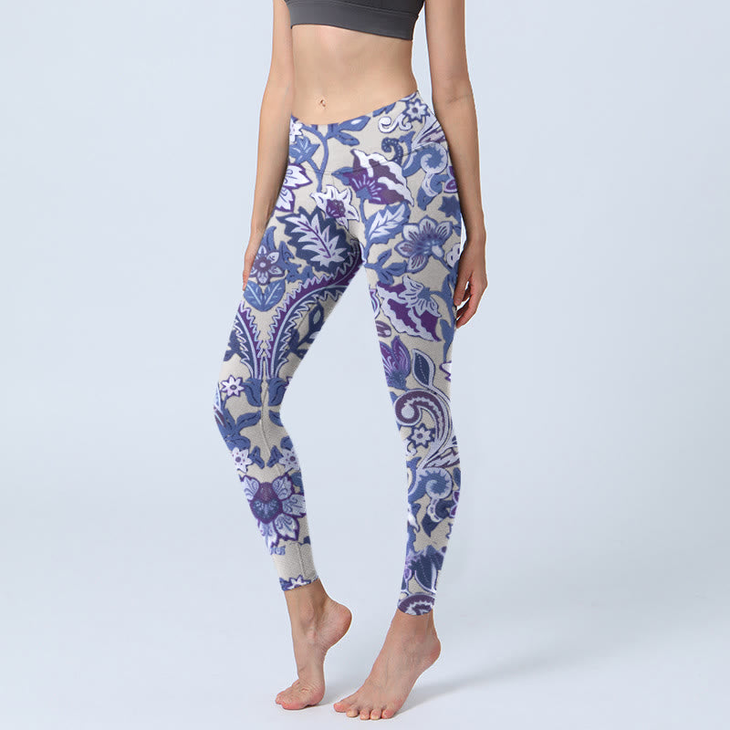 Leggings da palestra con stampa di fiori viola Buddha Stones, pantaloni da yoga da donna - Viola medio - US18, UK/AU22, EU50 (4XL) - image 1